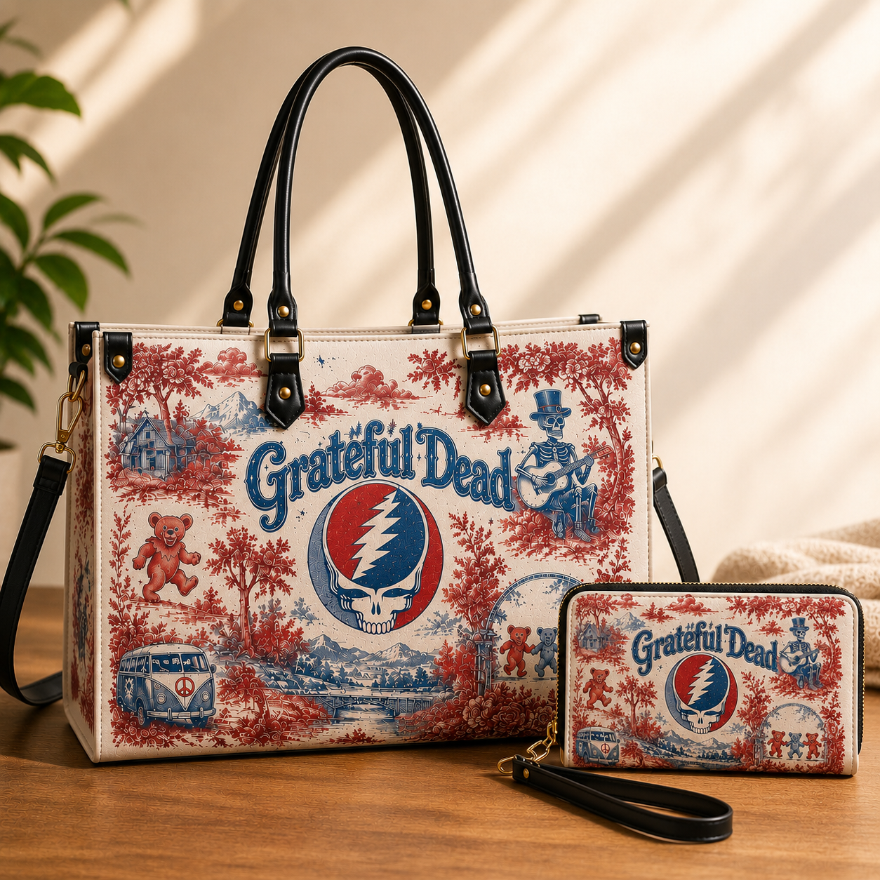 Grateful Dead Vintage Toile Leather Handbag, Leather Tote Bag, Leather Wallet Set - Luxury Rock Music Accessories