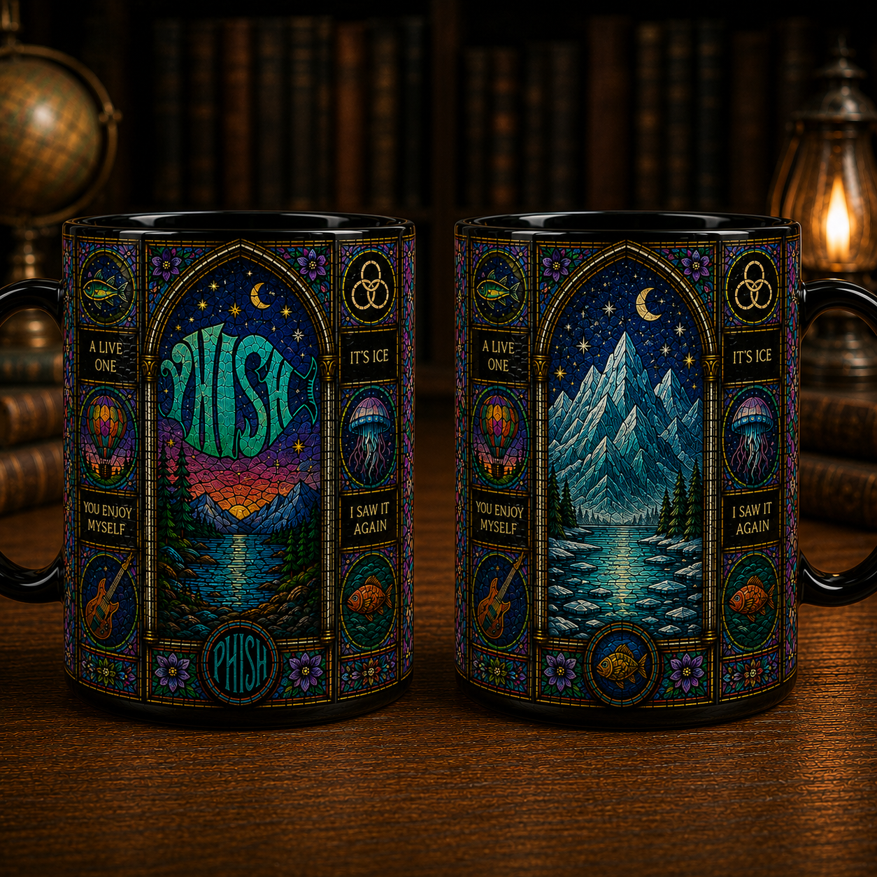 Phish Stained Glass Mug, Psychedelic Jam Band Coffee Cup, Mountain Landscape Music Fan Gift