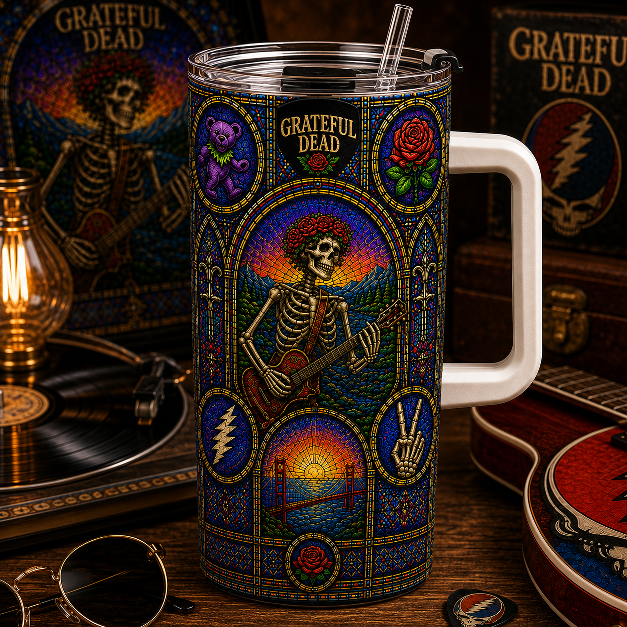Grateful Dead Stained Glass Tumbler - 20oz & 40oz Stainless Steel Travel Mug Inspired by the Grateful Dead