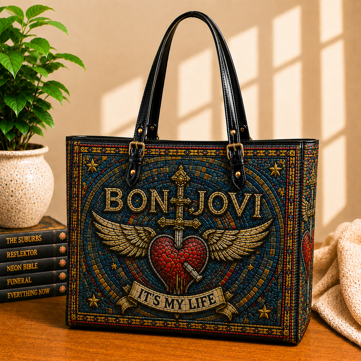 Bon Jovi Leather Handbag, Leather Tote Bag, Leather Wallet Set - Stained Glass Mosaic Bon Jovi  Band Fan Gift, Luxury Rock Music Accessories