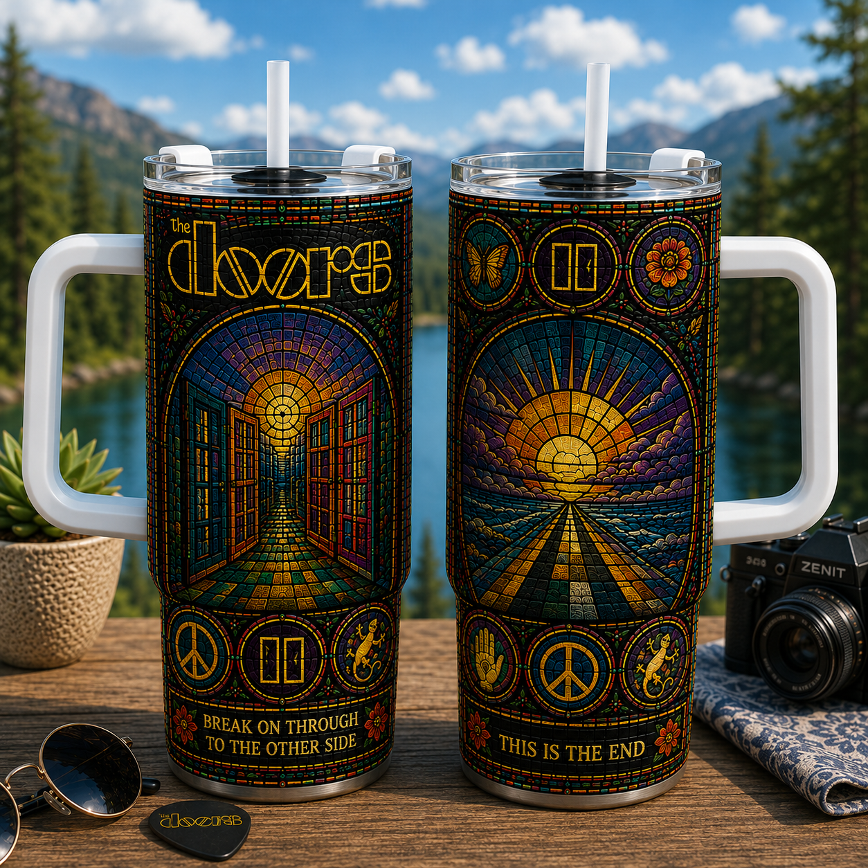 The Doors 20oz & 40oz Stained Glass Stainless Steel Tumbler - Psychedelic Rock Travel Mug With Lid and Straw