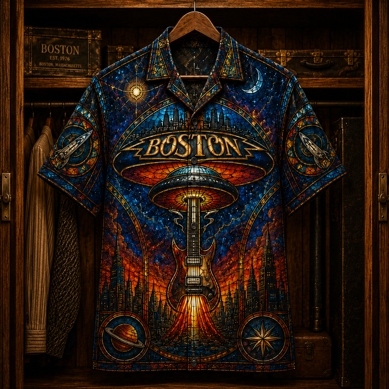 Boston Hawaiian Shirt - Stained Glass Space Rock Band AOP Button-Up Shirt