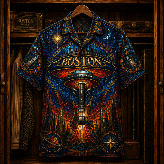 Boston Hawaiian Shirt - Stained Glass Space Rock Band AOP Button-Up Shirt