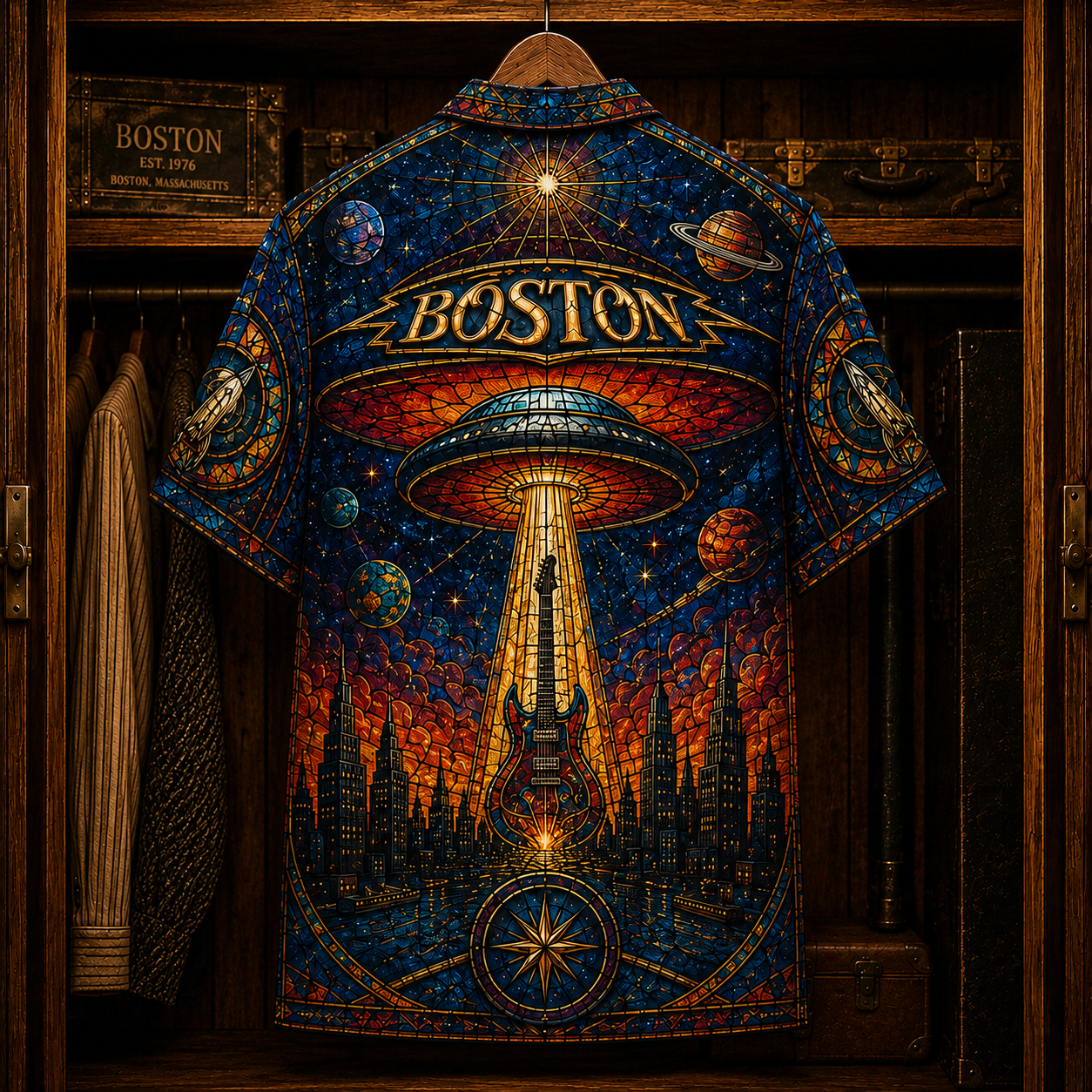 Boston Hawaiian Shirt - Stained Glass Space Rock Band AOP Button-Up Shirt