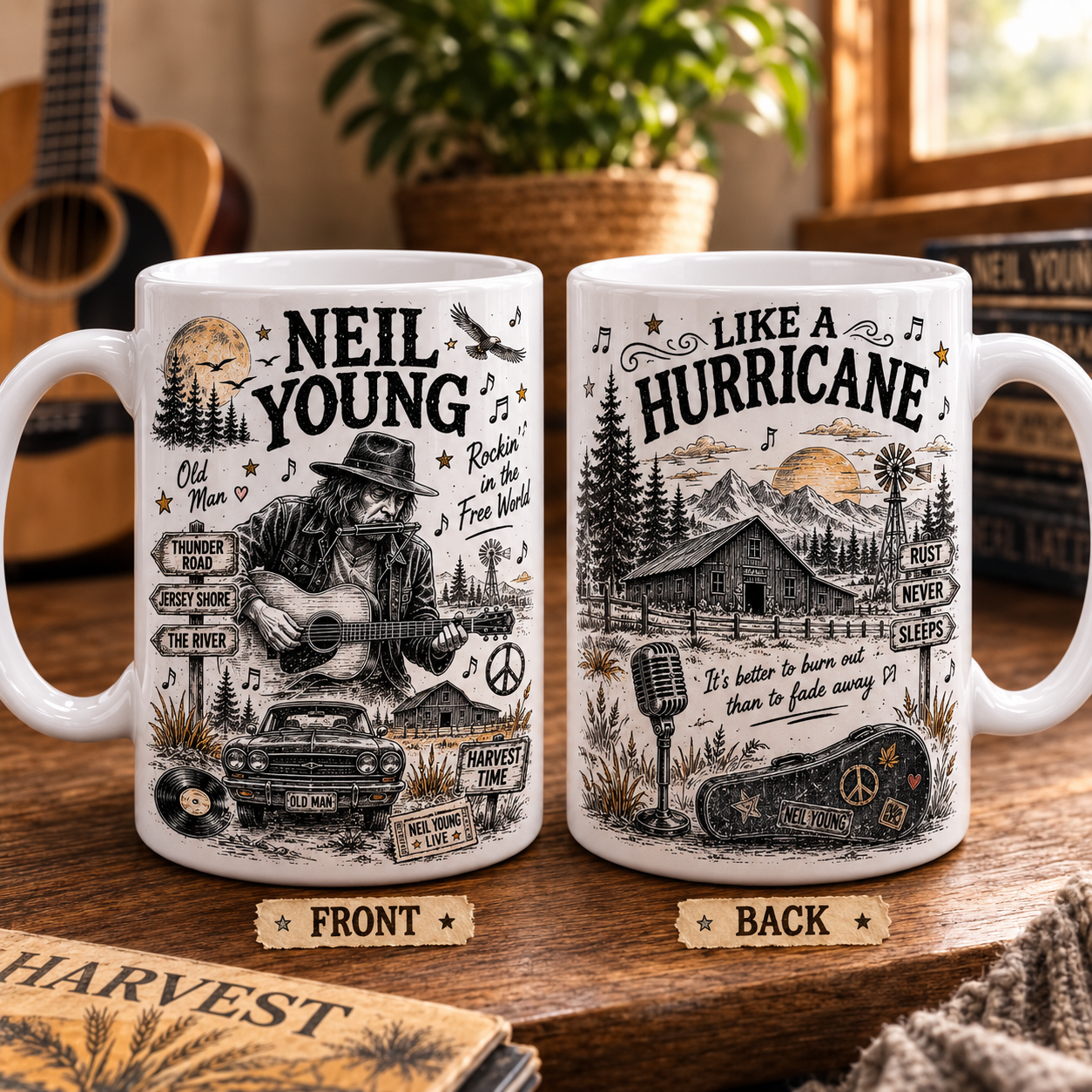 Neil Young Mug – Double-Sided Ceramic Coffee Mug, Harvest & Like a Hurricane Fan Gift for Neil Young Lovers