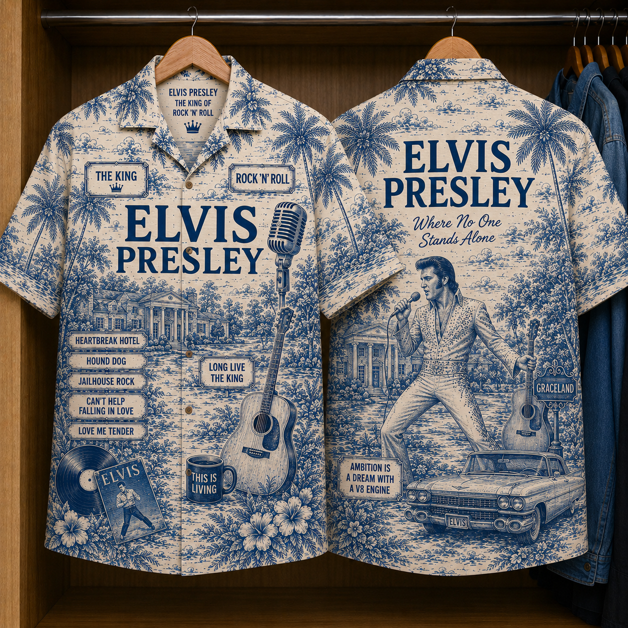 Elvis Presley Hawaiian Shirt – Vintage Tropical Rock ’n’ Roll Button-Up Featuring Graceland, Hound Dog & Jailhouse Rock