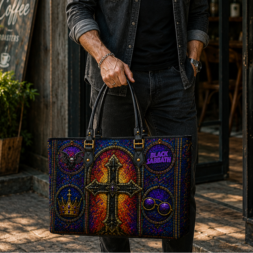 Black Sabbath Leather Handbag, Leather Tote Bag, Leather Wallet Set - Stained Glass Black Sabbath Band Fan Gift, Luxury Rock Music Accessories