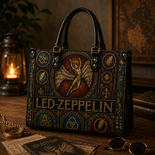 Led Zeppelin Leather Handbag, Leather Tote Bag, Leather Wallet Set - Stained Glass Led Zeppelin Band Fan Gift, Luxury Rock Music Accessories