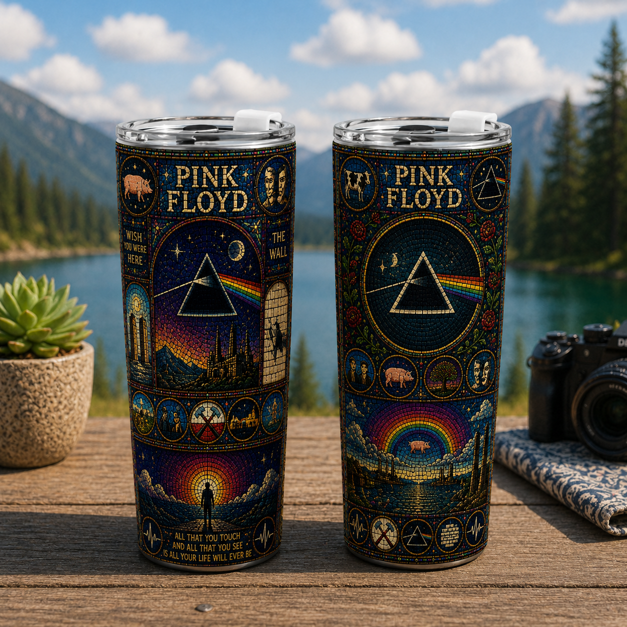 Pink Floyd Stained Glass 20oz 40ozTumbler - The Dark Side of the Moon Stainless Steel Travel Tumbler with Lid