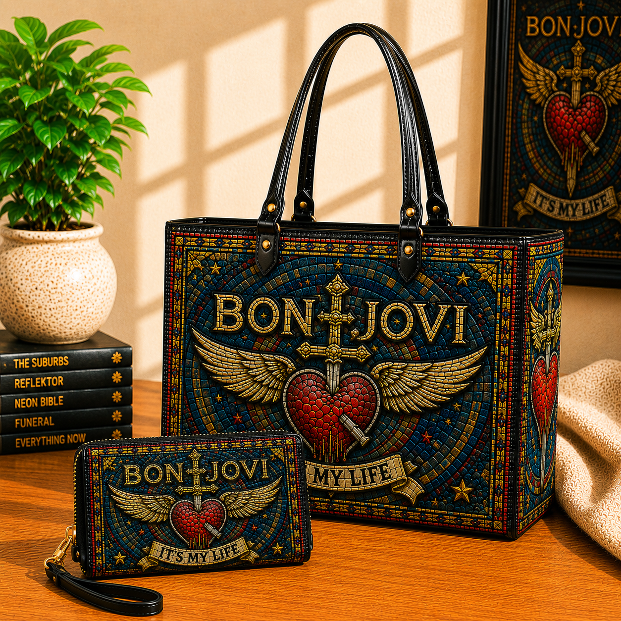 Bon Jovi Leather Handbag, Leather Tote Bag, Leather Wallet Set - Stained Glass Mosaic Bon Jovi  Band Fan Gift, Luxury Rock Music Accessories