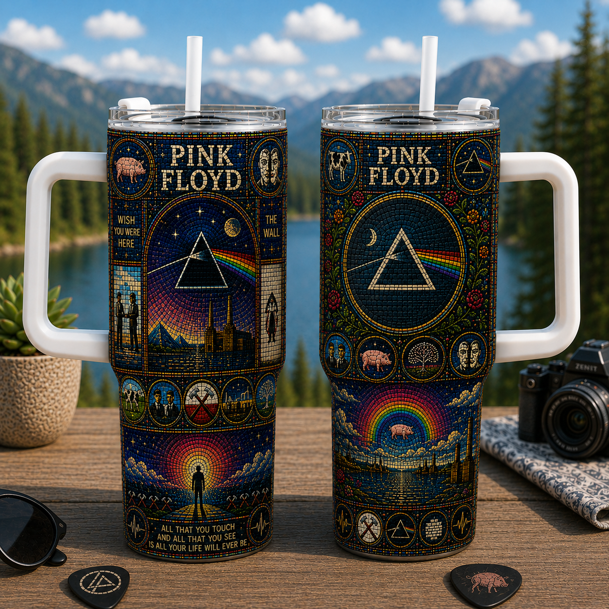 Pink Floyd Stained Glass 20oz 40ozTumbler - The Dark Side of the Moon Stainless Steel Travel Tumbler with Lid