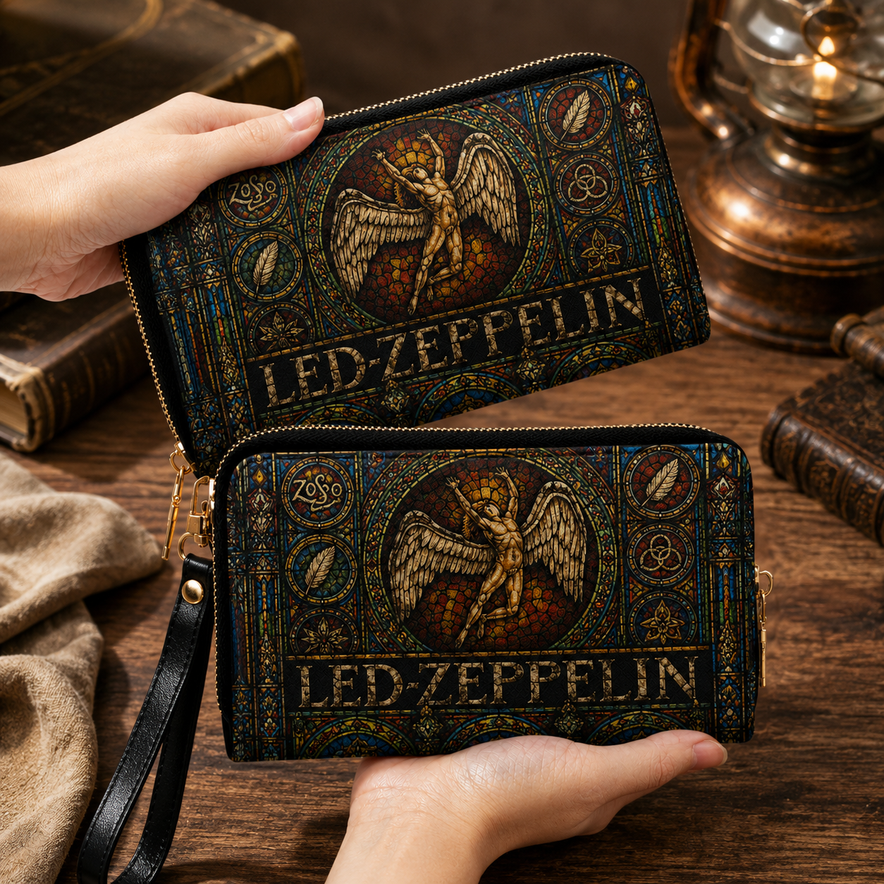 Led Zeppelin Leather Handbag, Leather Tote Bag, Leather Wallet Set - Stained Glass Led Zeppelin Band Fan Gift, Luxury Rock Music Accessories