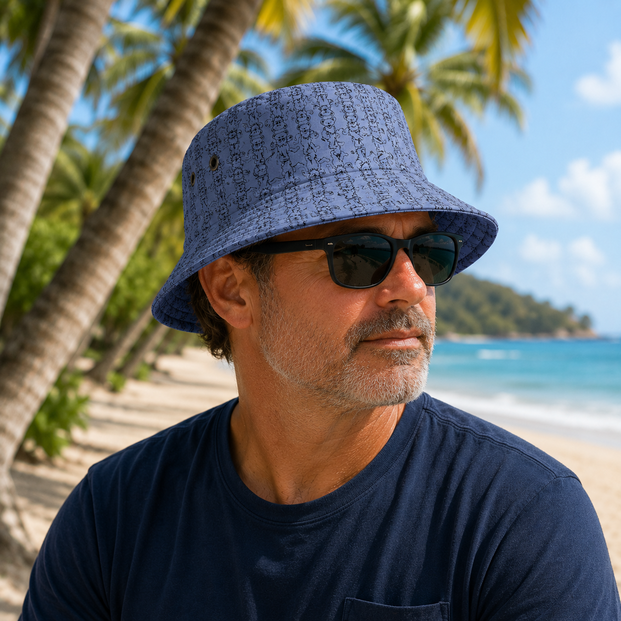 Vintage Grateful Dead Dancing Bear Pattern Bucket Hat – Blue All Over Print Festival Hat, Retro Jam Band Inspired Unisex Sun Hat