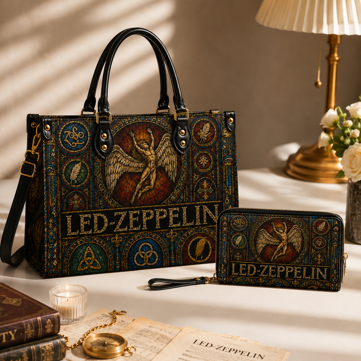 Led Zeppelin Leather Handbag, Leather Tote Bag, Leather Wallet Set - Stained Glass Led Zeppelin Band Fan Gift, Luxury Rock Music Accessories