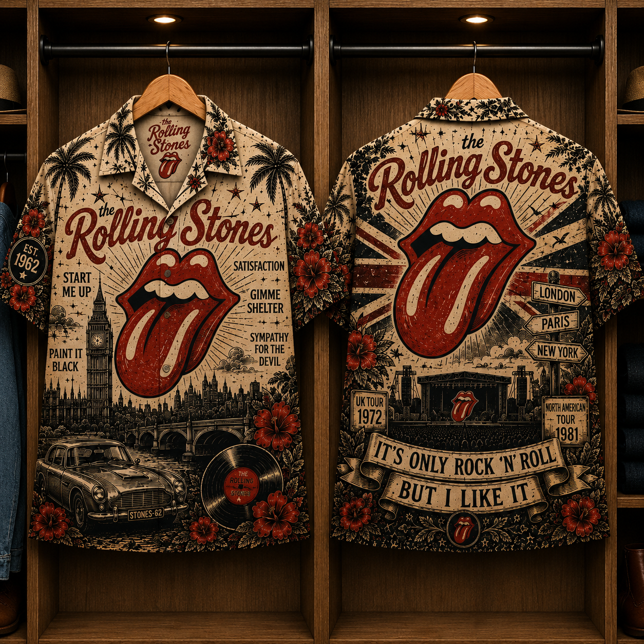 The Rolling Stones Tongue Logo Hawaiian Shirt - Vintage Rock Band Button-Up Shirt Classic Music Fan Gift for Men and Women