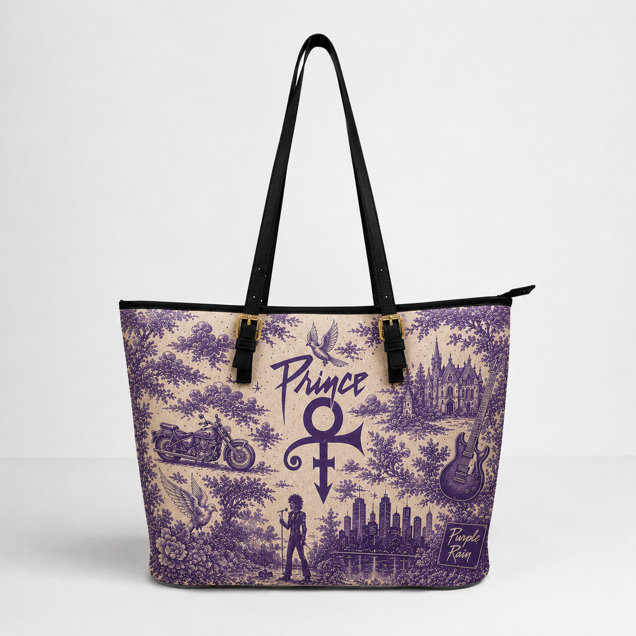 Prince Vintage Purple Toile Leather Handbag, Leather Tote Bag, Leather Wallet Set - Luxury Rock Music Accessories