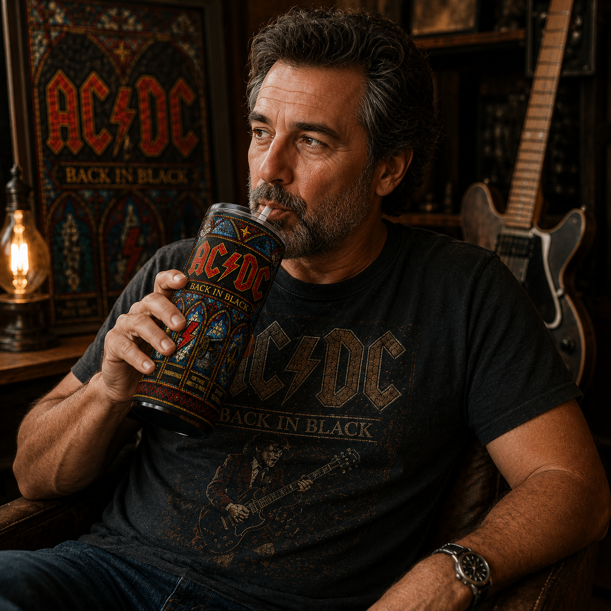 AC/DC Back in Black Stained Glass Tumbler - 20oz & 40oz Stainless Steel Travel Mug for Classic Rock Fans