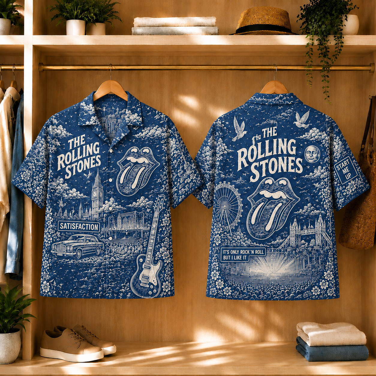 The Rolling Stones Toile Hawaiian Shirt - Rock and Roll Vintage All-Over Print Button-Up Shirt