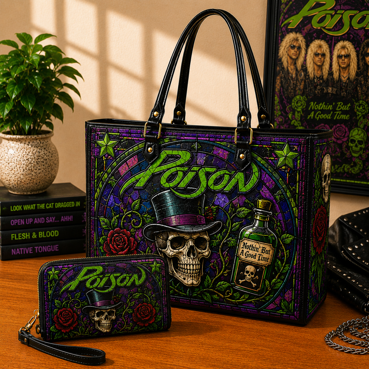 Poison Leather Handbag, Leather Tote Bag, Leather Wallet Set - Stained Glass Mosaic Poison Band Fan Gift, Luxury Rock Music Accessories