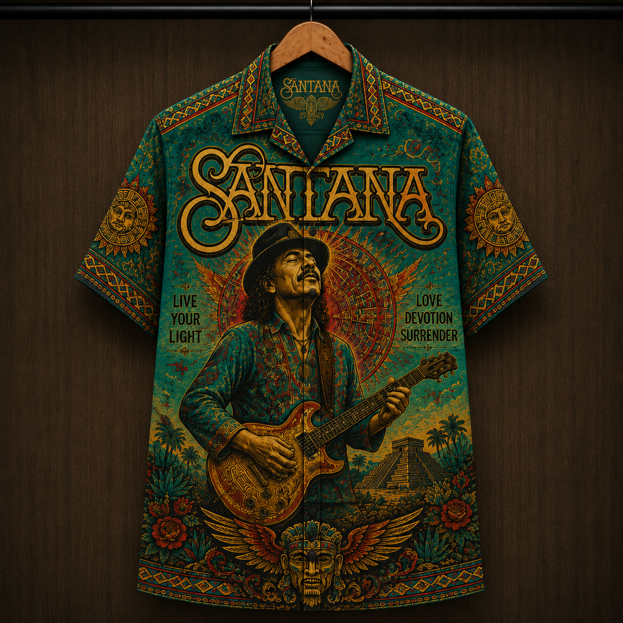 Santana Live Your Light Hawaiian Shirt - Carlos Santana Guitar Art Button-Up Shirt Latin Rock Music Fan Gift for Men and Women