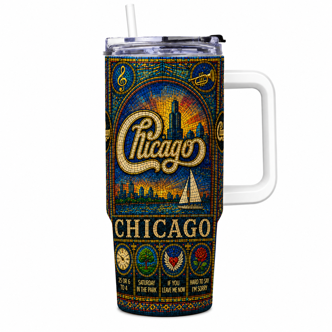 Chicago Stained Glass Tumbler - 20oz & 40oz Stainless Steel Travel Mug for Chicago Band Fans