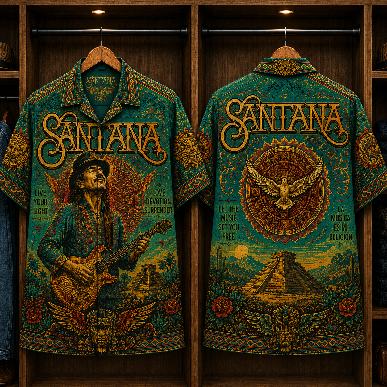 Santana Live Your Light Hawaiian Shirt - Carlos Santana Guitar Art Button-Up Shirt Latin Rock Music Fan Gift for Men and Women