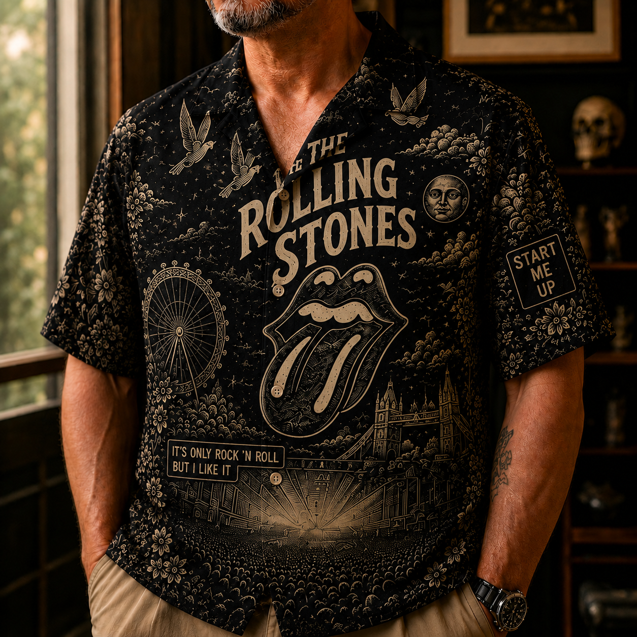 The Rolling Stones Toile Hawaiian Shirt - Rock and Roll Vintage All-Over Print Button-Up Shirt