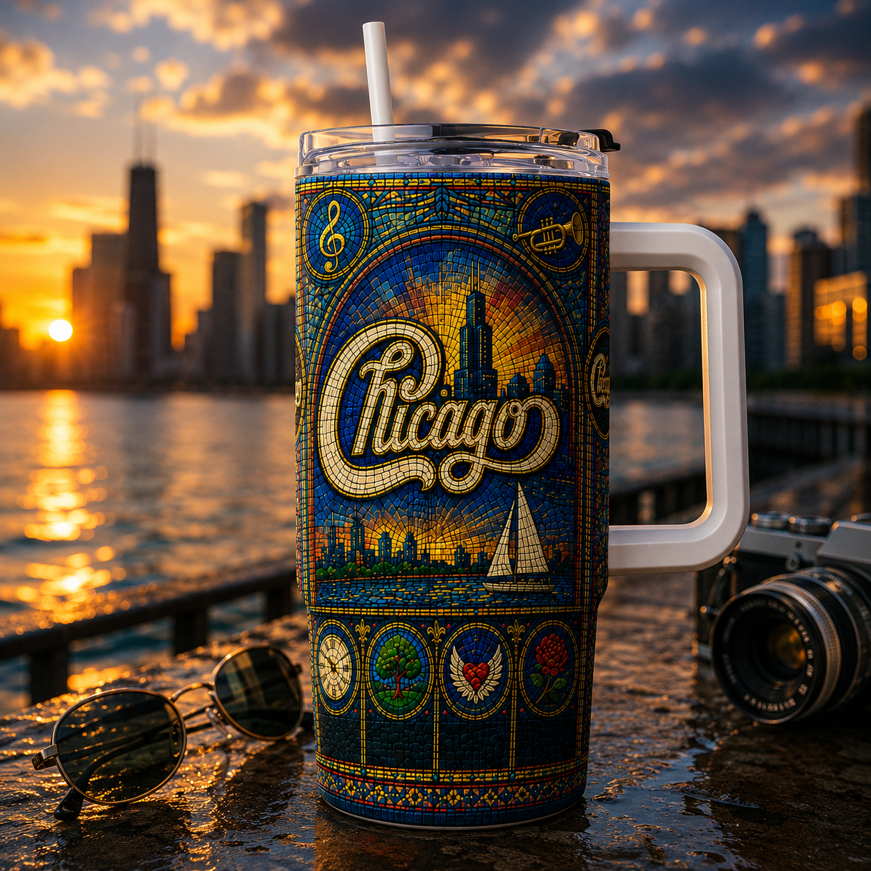 Chicago Stained Glass Tumbler - 20oz & 40oz Stainless Steel Travel Mug for Chicago Band Fans