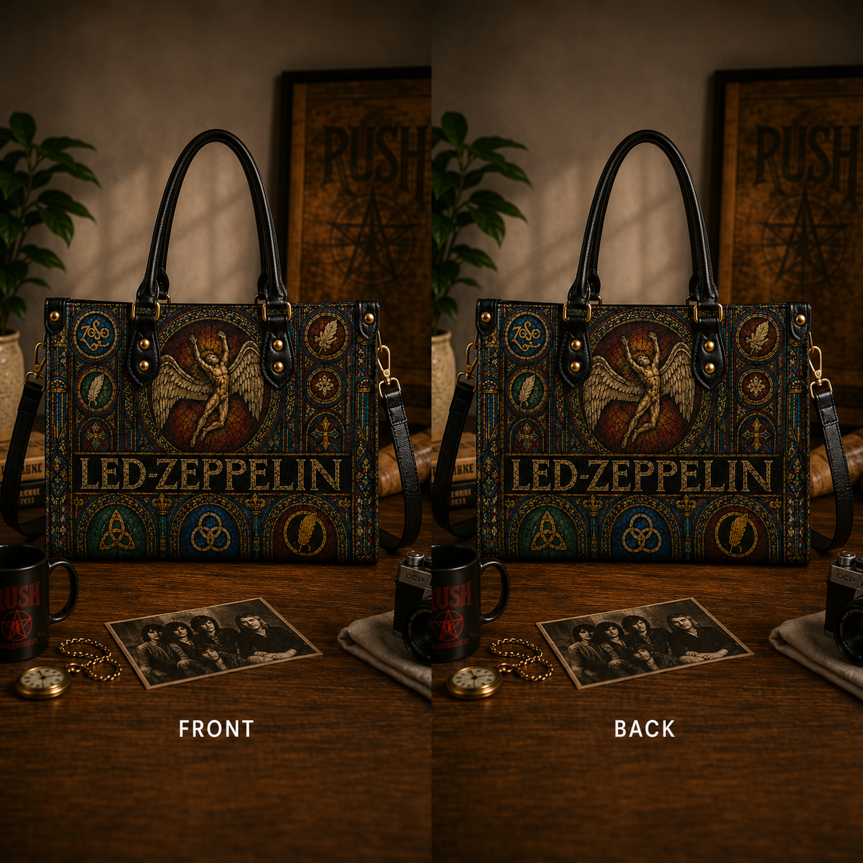 Led Zeppelin Leather Handbag, Leather Tote Bag, Leather Wallet Set - Stained Glass Led Zeppelin Band Fan Gift, Luxury Rock Music Accessories