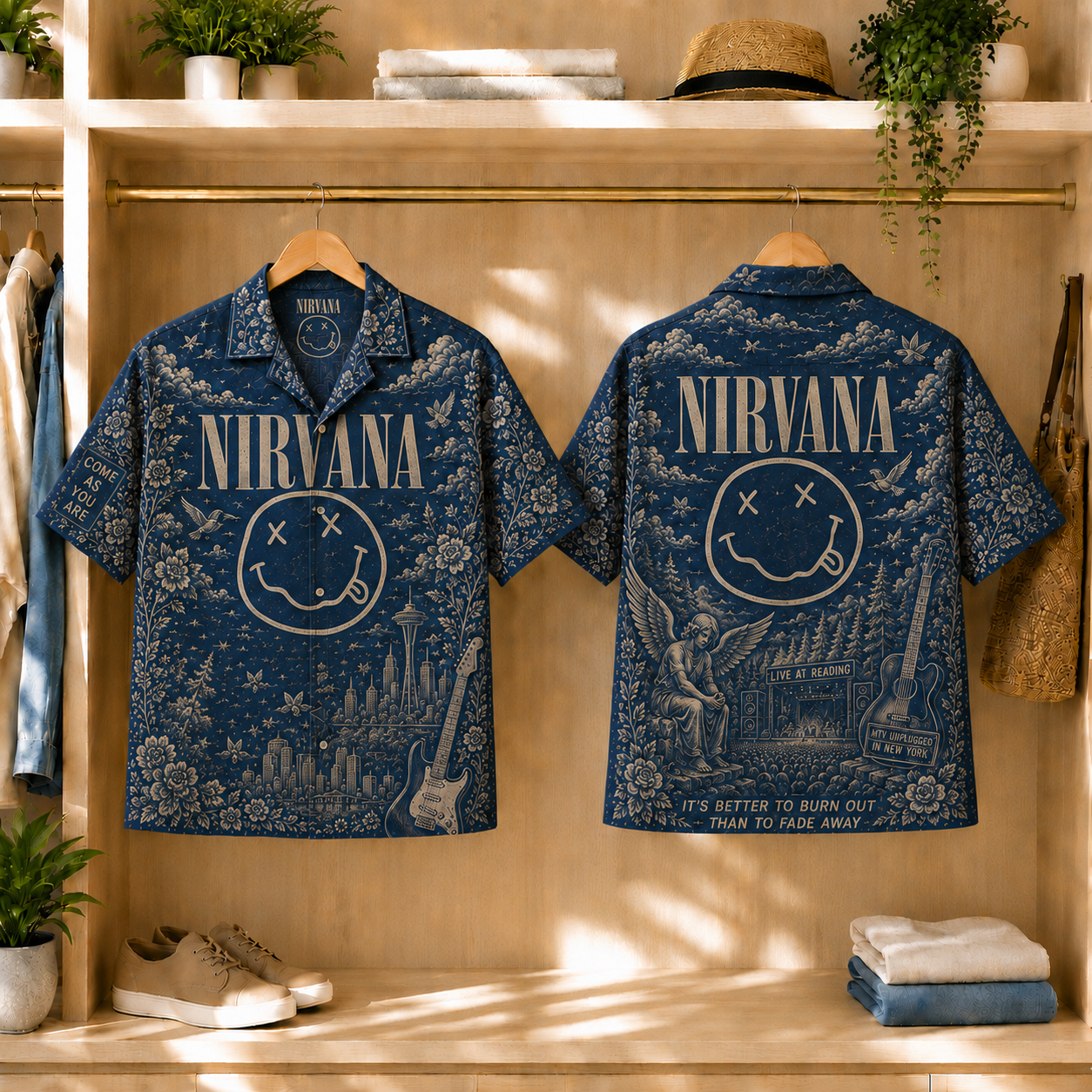 Nirvana Smiley Face Toile Hawaiian Shirt - Classic Rock Vintage All-Over Print Button-Up Shirt