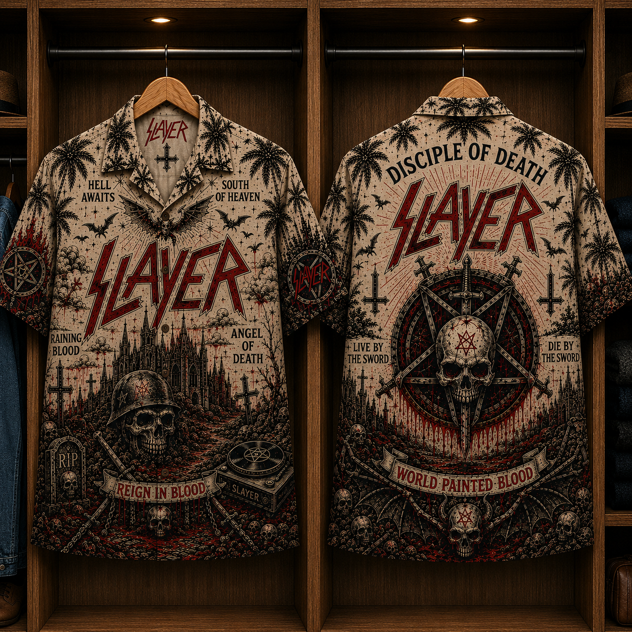 Slayer Reign in Blood Hawaiian Shirt - Thrash Metal Band Button-Up Shirt World Painted Blood Skull Rock Fan Gift