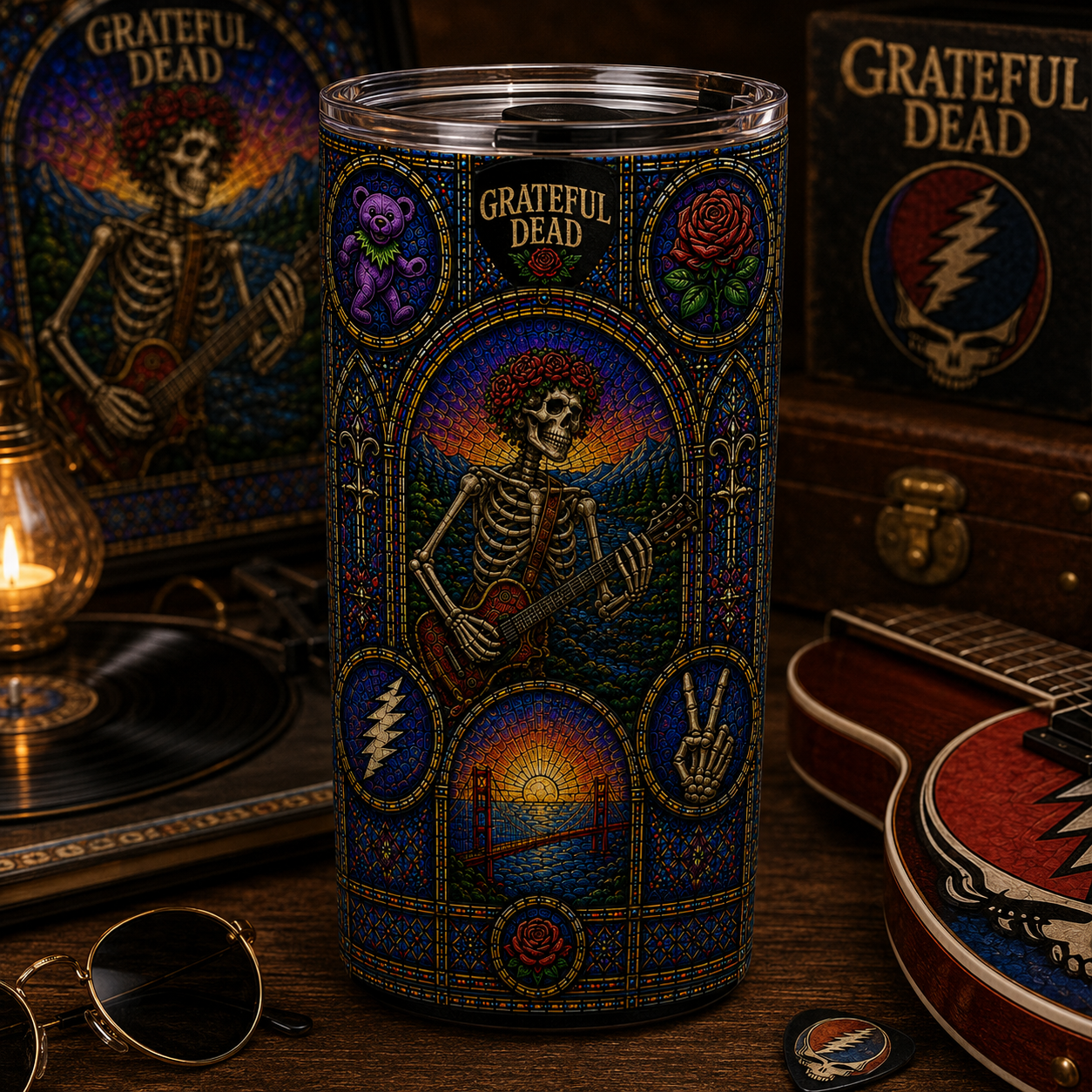 Grateful Dead Stained Glass Tumbler - 20oz & 40oz Stainless Steel Travel Mug Inspired by the Grateful Dead