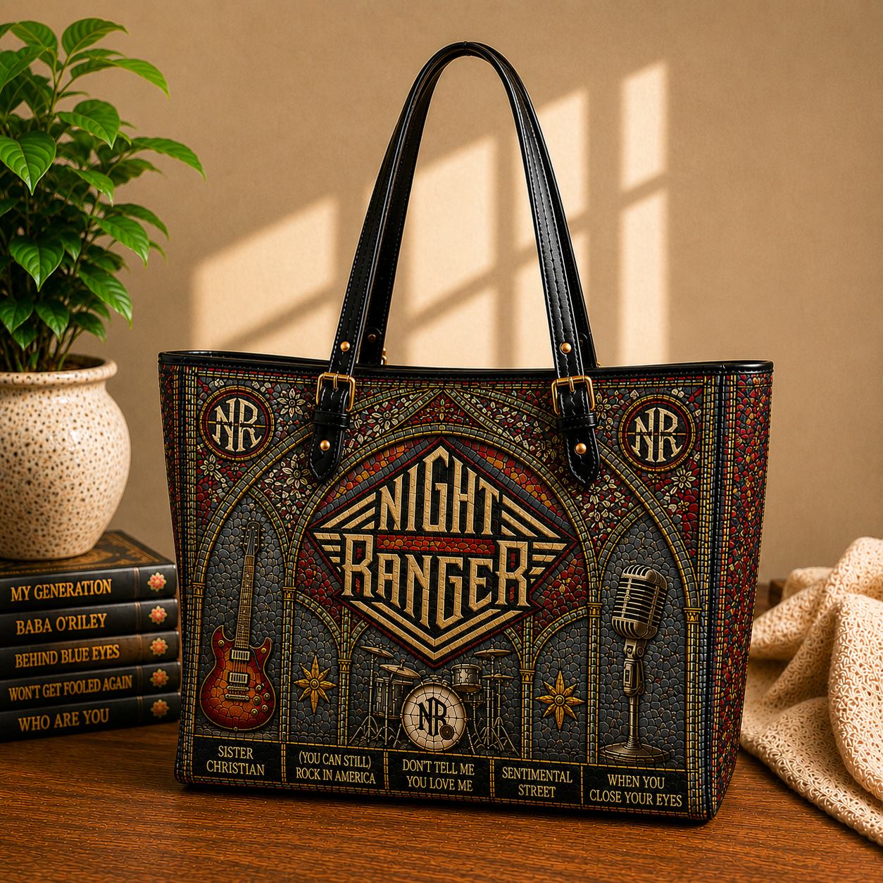 Night Ranger Leather Handbag, Leather Tote Bag, Leather Wallet Set - Stained Glass The Who Band Fan Gift, Luxury Rock Music Accessories