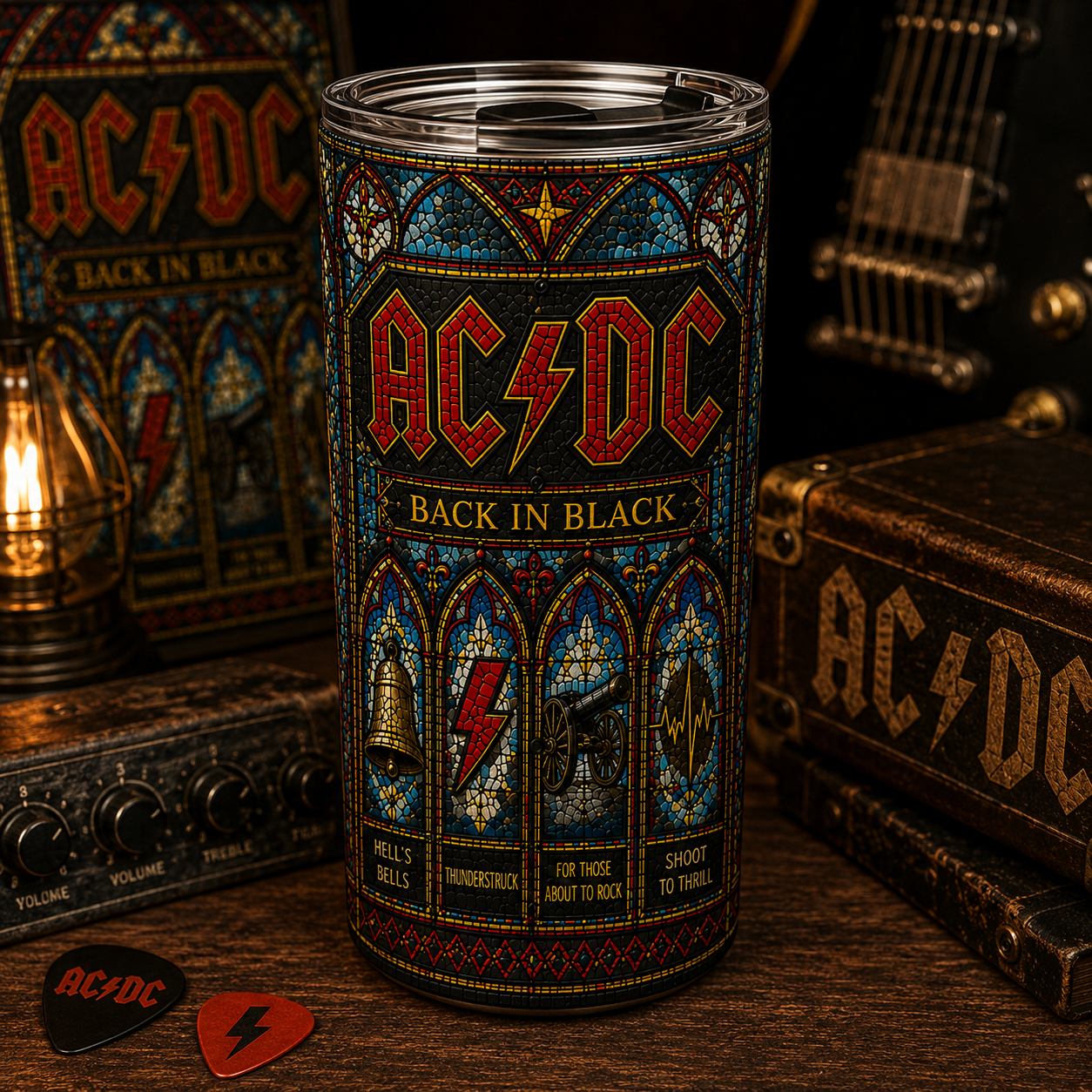 AC/DC Back in Black Stained Glass Tumbler - 20oz & 40oz Stainless Steel Travel Mug for Classic Rock Fans