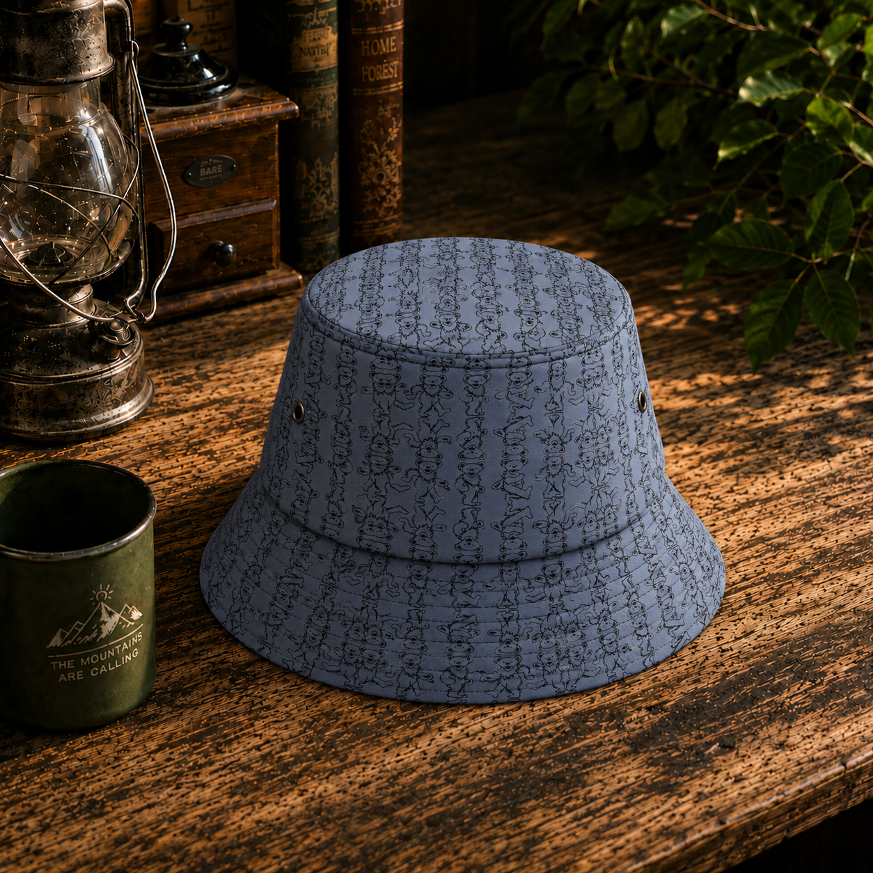 Vintage Grateful Dead Dancing Bear Pattern Bucket Hat – Blue All Over Print Festival Hat, Retro Jam Band Inspired Unisex Sun Hat