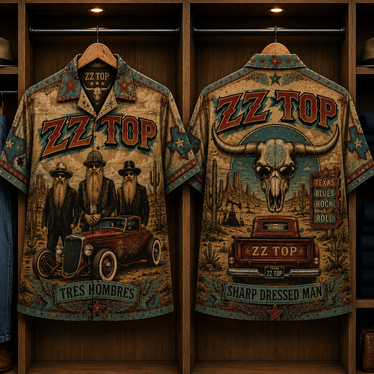 ZZ Top Tres Hombres Hawaiian Shirt - Sharp Dressed Man Texas Blues Rock Button-Up Shirt Vintage Band Fan Gift