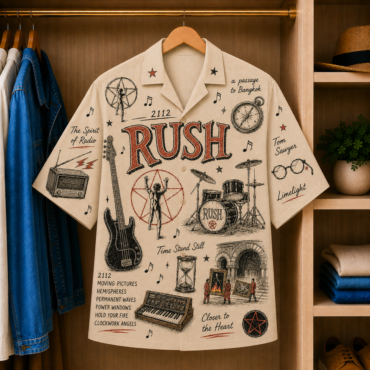 Rush Vintage Sketch Hawaiian Shirt - 2112 Button Up Shirt with Tom Sawyer, Limelight and Progressive Rock Artwork (Copy)
