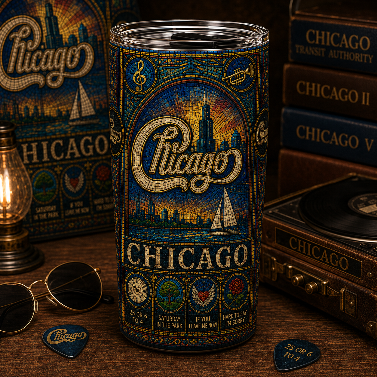 Chicago Stained Glass Tumbler - 20oz & 40oz Stainless Steel Travel Mug for Chicago Band Fans
