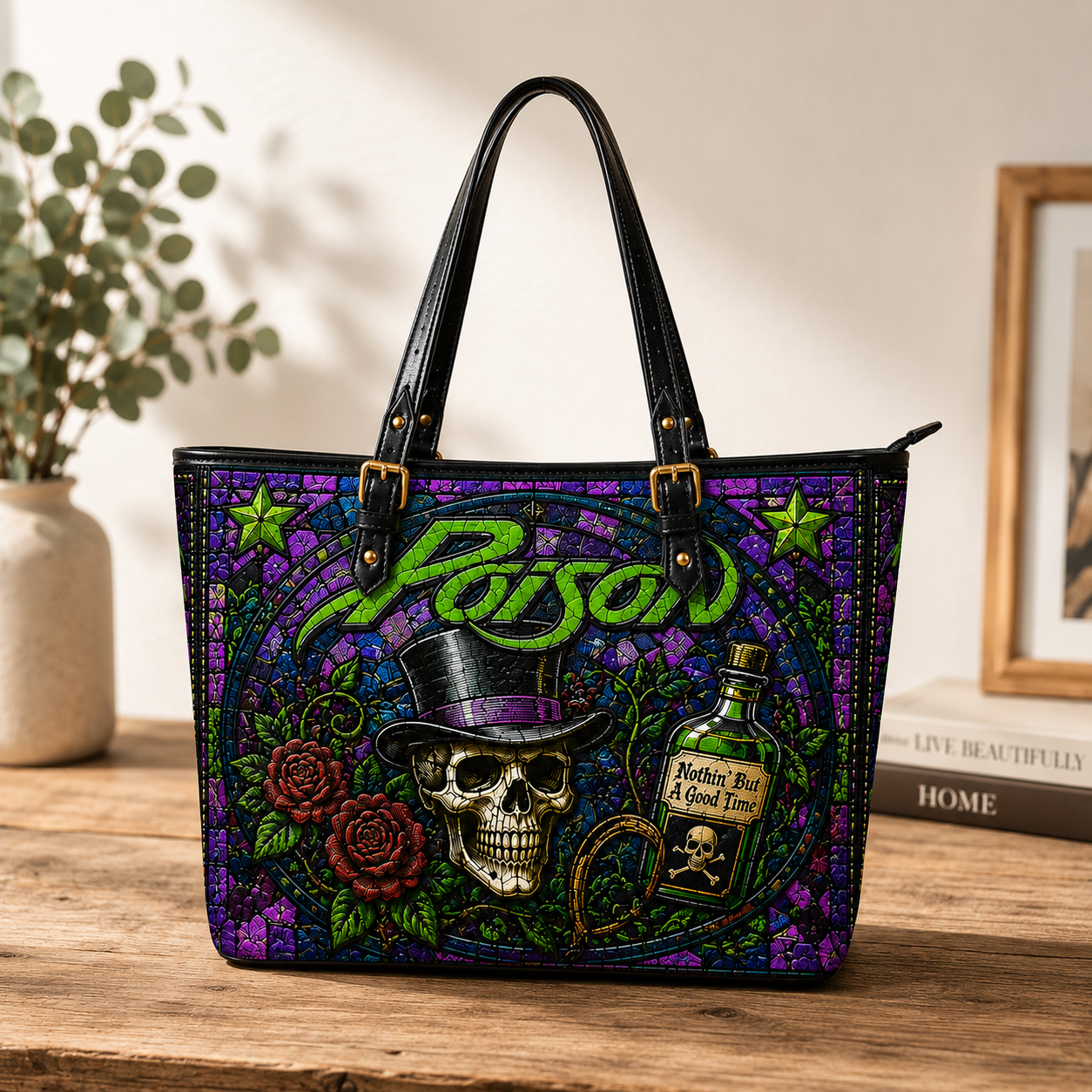 Poison Leather Handbag, Leather Tote Bag, Leather Wallet Set - Stained Glass Mosaic Poison Band Fan Gift, Luxury Rock Music Accessories