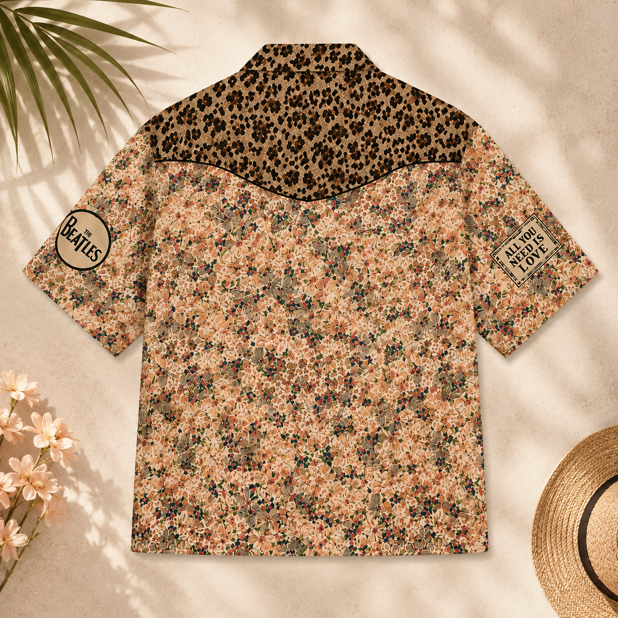 The Beatles Floral Fauve Eclat Animalier Hawaiian Shirt - Vintage Retro Rock Button-Up with Leopard Print Accent