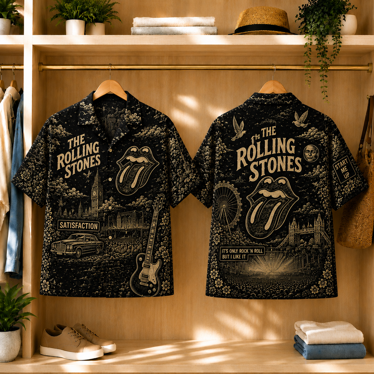 The Rolling Stones Toile Hawaiian Shirt - Rock and Roll Vintage All-Over Print Button-Up Shirt