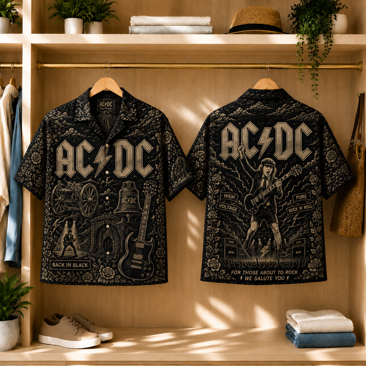 AC/DC Back in Black Toile Hawaiian Shirt - Classic Rock Vintage All-Over Print Button-Up Shirt