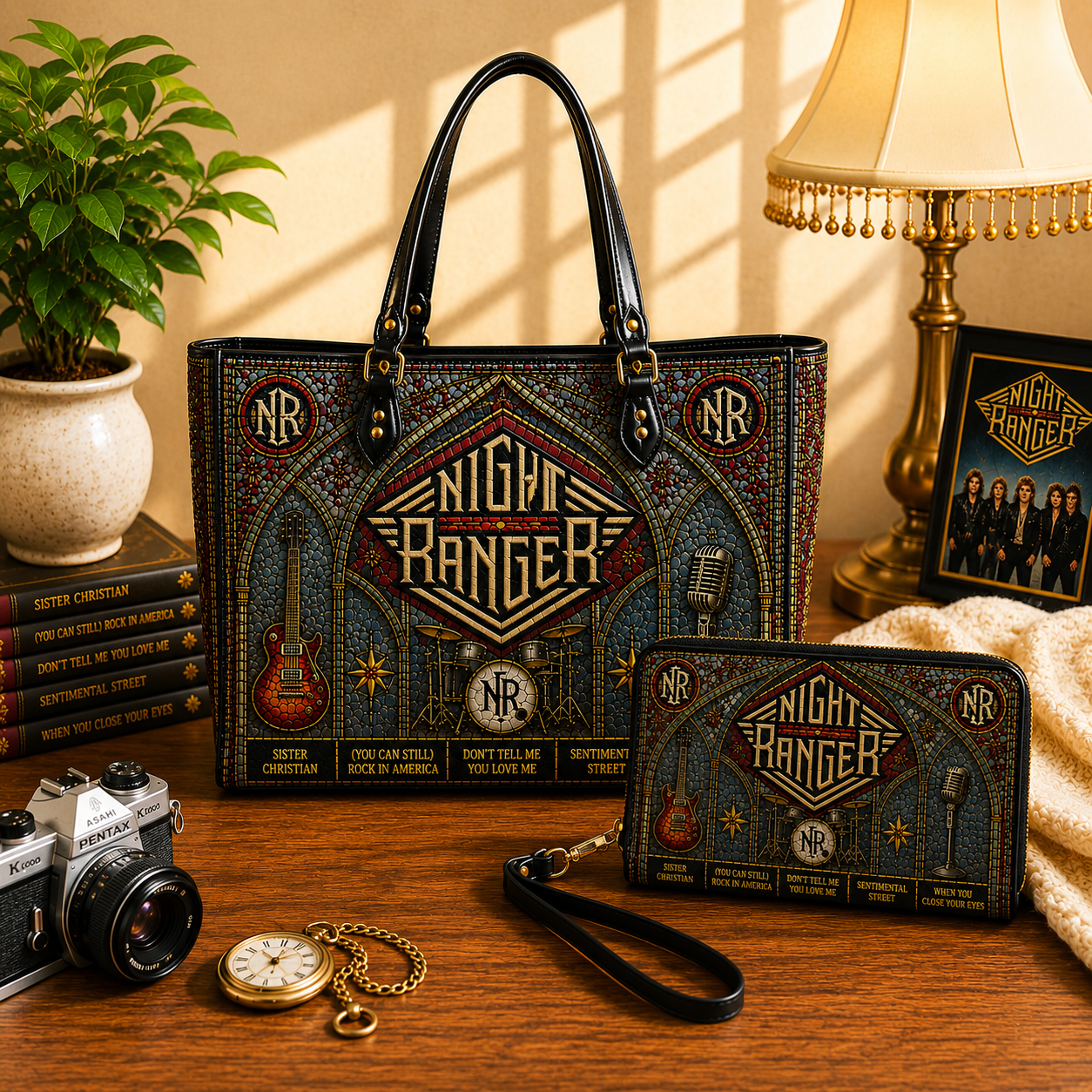 Night Ranger Leather Handbag, Leather Tote Bag, Leather Wallet Set - Stained Glass The Who Band Fan Gift, Luxury Rock Music Accessories