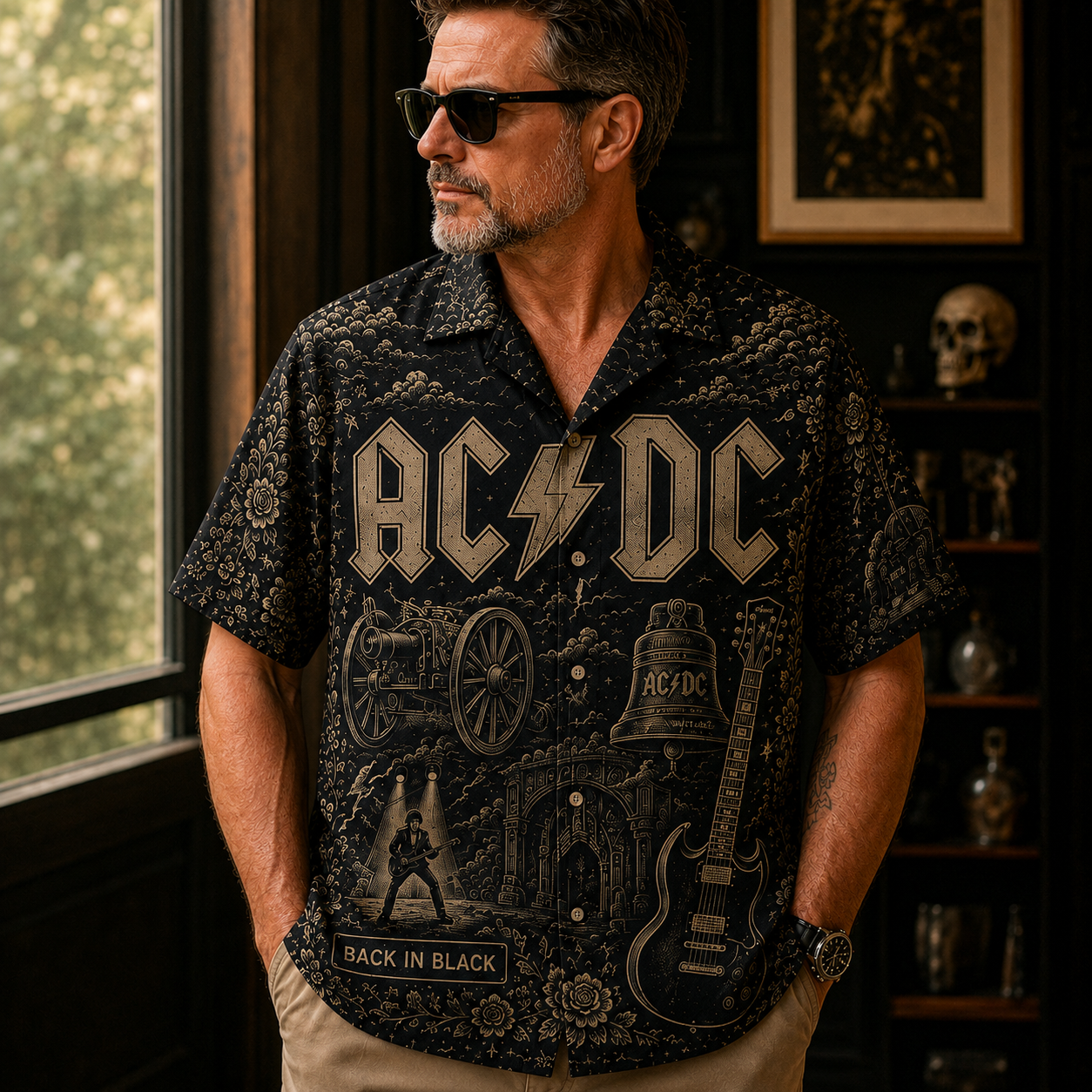 AC/DC Back in Black Toile Hawaiian Shirt - Classic Rock Vintage All-Over Print Button-Up Shirt