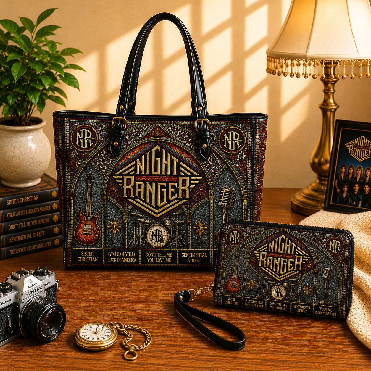 Night Ranger Leather Handbag, Leather Tote Bag, Leather Wallet Set - Stained Glass The Who Band Fan Gift, Luxury Rock Music Accessories