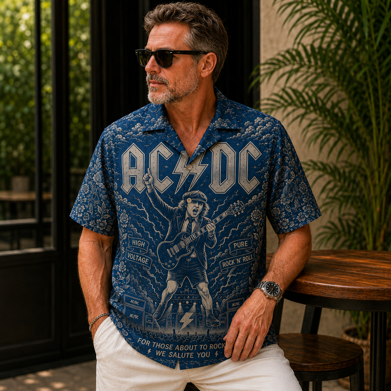 AC/DC Back in Black Toile Hawaiian Shirt - Classic Rock Vintage All-Over Print Button-Up Shirt