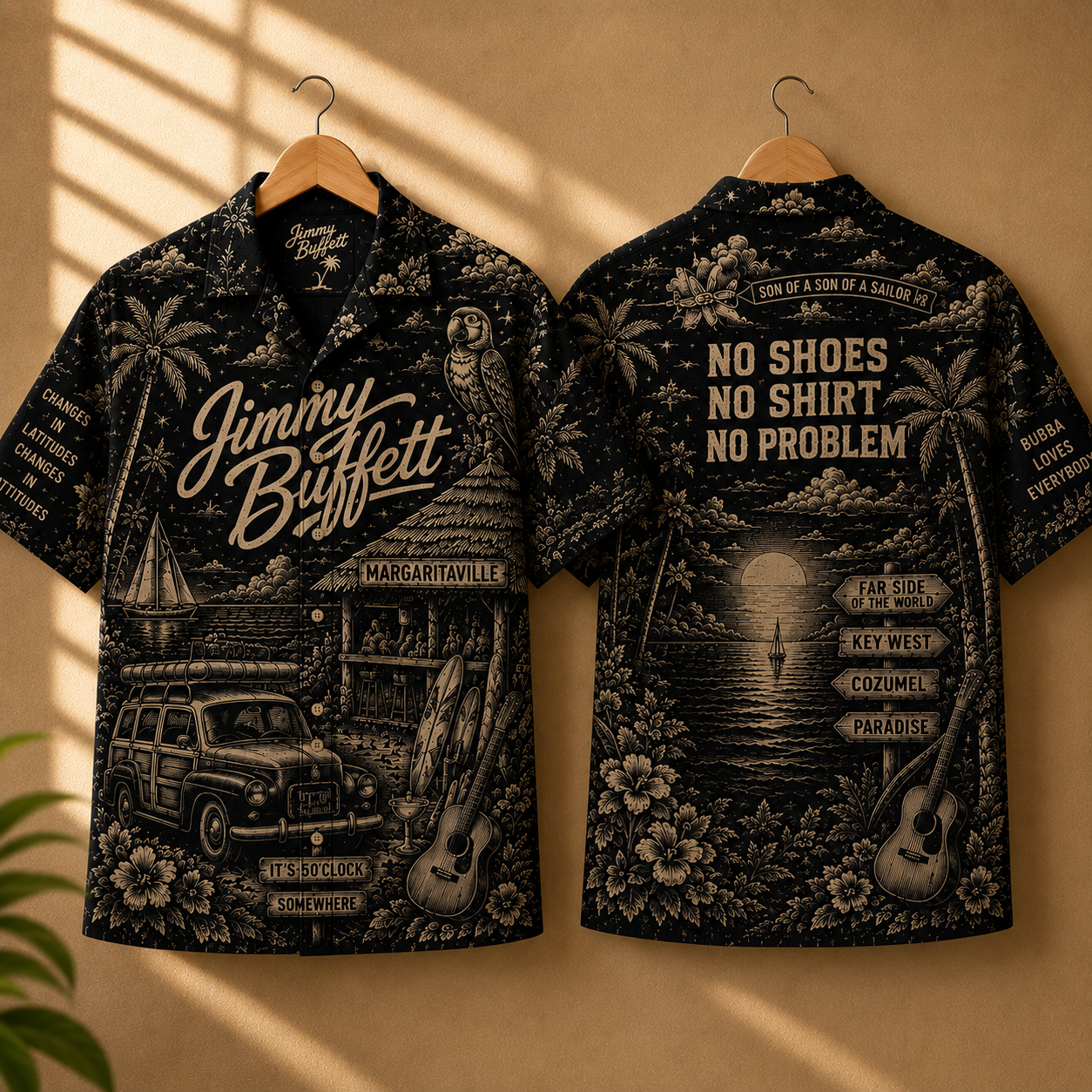 Jimmy Buffett Margaritaville Toile Hawaiian Shirt - Classic Rock Vintage All-Over Print Button-Up Shirt