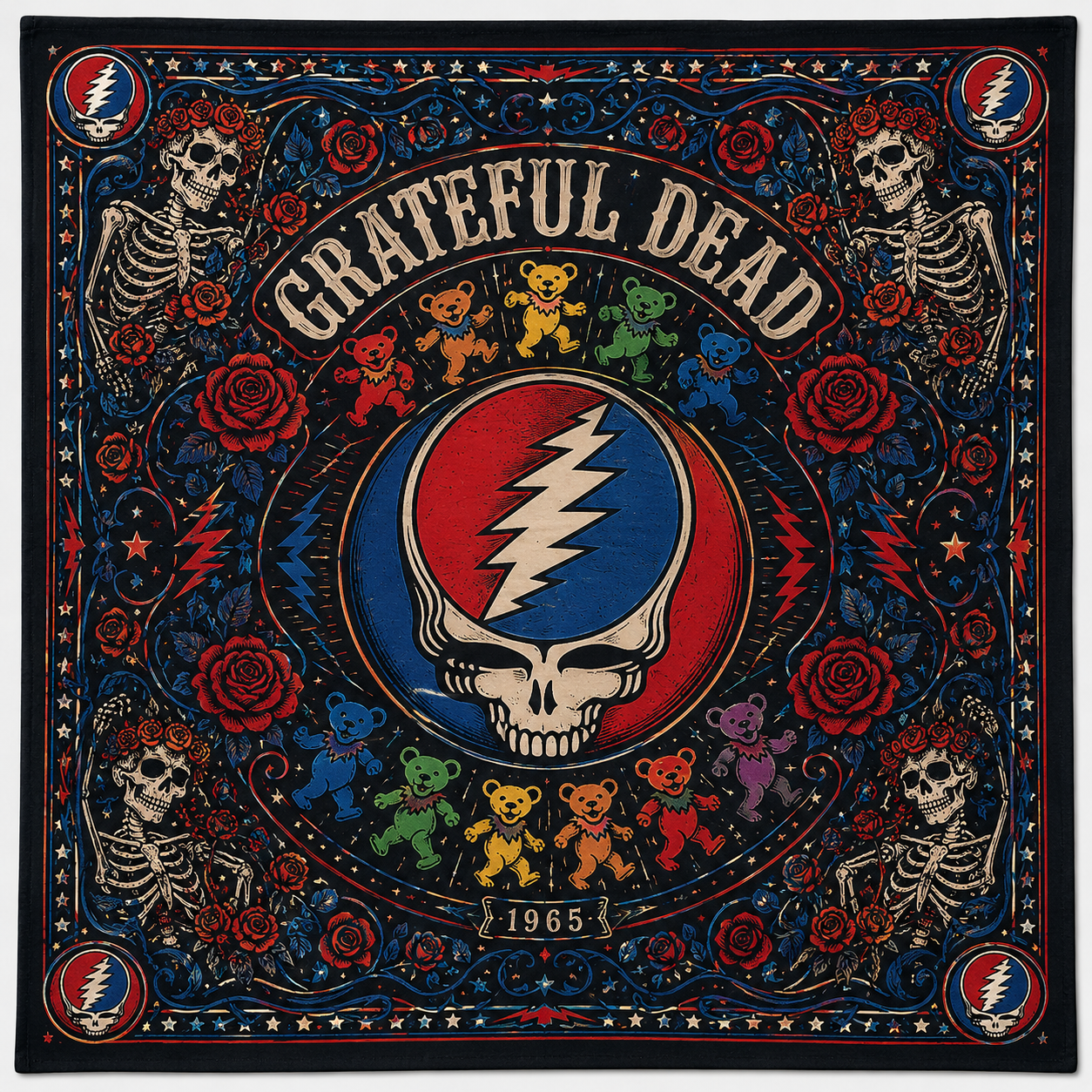 Grateful Dead Satin Bandana - Dancing Bears & Steal Your Face Skull Rose Bandana - Deadhead Fan Gift - Vintage Psychedelic Music Scarf