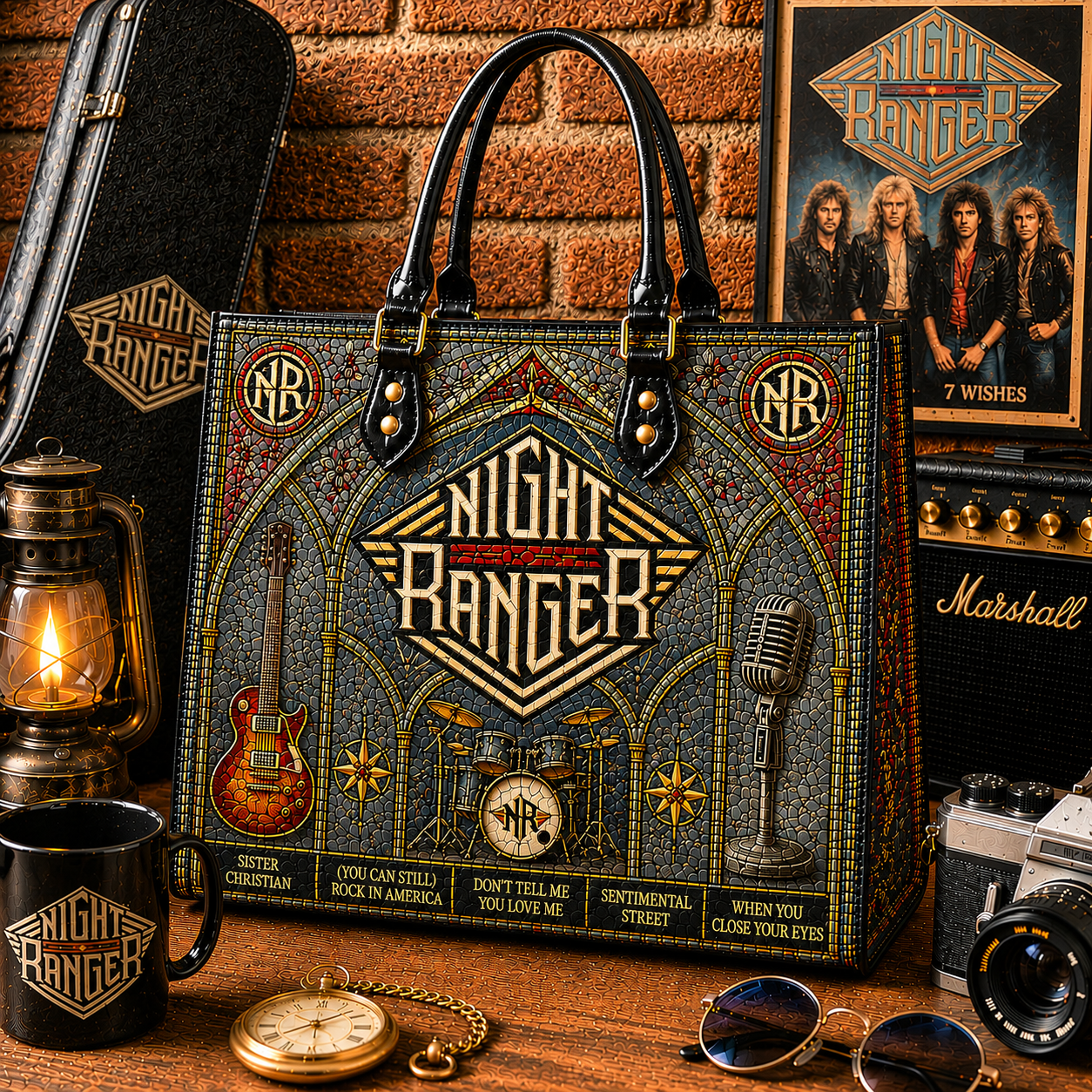 Night Ranger Leather Handbag, Leather Tote Bag, Leather Wallet Set - Stained Glass The Who Band Fan Gift, Luxury Rock Music Accessories