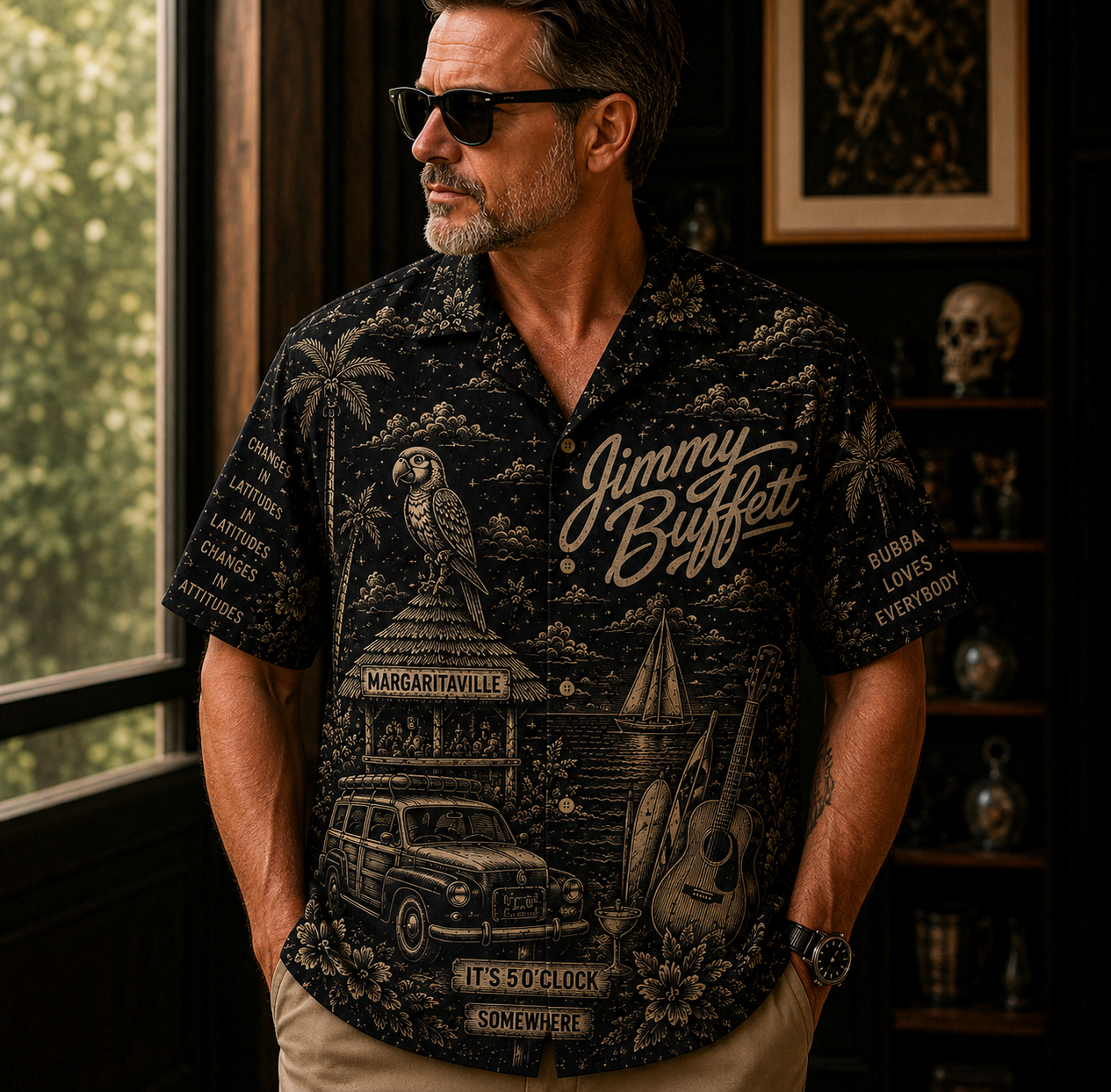 Jimmy Buffett Margaritaville Toile Hawaiian Shirt - Classic Rock Vintage All-Over Print Button-Up Shirt